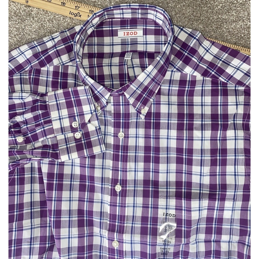 IZOD Violet Purple Plaid Shirt Mens L Preppy 16-16.5 32/33 Classic Stretch Lycra